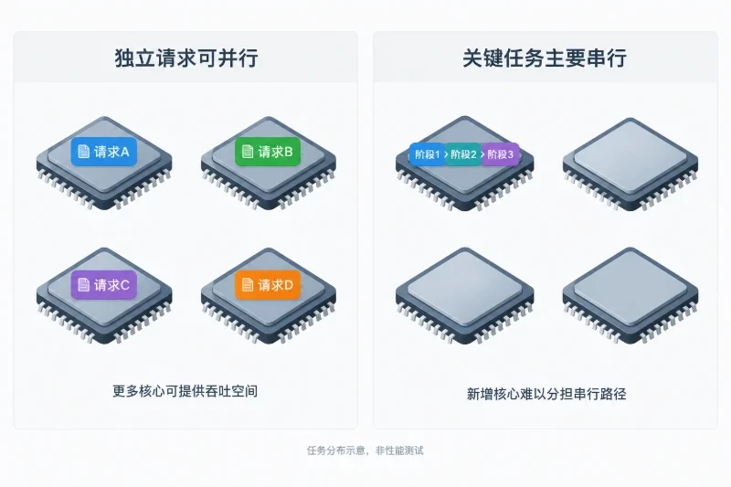 左右采用相同数量的抽象计算单元，左侧多个独立请求分别执行，右侧同一个关键串行任务只在一个计算单元上执行