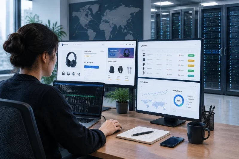 呈现跨境电商业务使用与美国 Linux 服务器部署的真实技术语境。