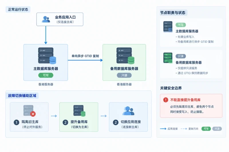解释主库、备用库和应用入口在正常运行及故障切换中的职责关系与写入边界。
