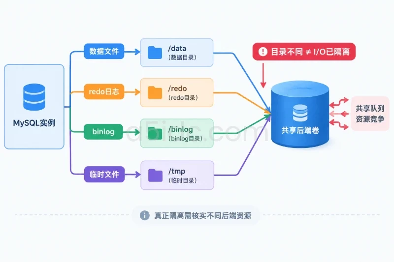 左侧为MySQL实例,分出四条标注为“数据文件”“redo日志”“binlog”“临时文件”的路径;上方示意这些路径分别位于不同逻辑目录,但箭头最终汇聚到同一个