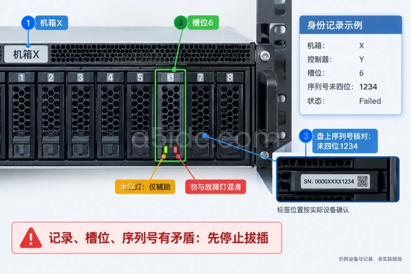 以无品牌服务器前置盘位近景为主体,旁置示例身份记录卡;用编号引线对应机箱标识、槽位标识、序列号标签和辅助定位灯,明确此时仍未执行拔盘