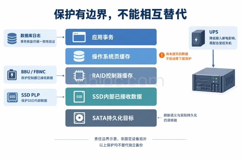 中央按责任域排列应用事务、操作系统页缓存、控制器缓存、SSD内部数据和SATA持久化目标;侧边以短连接对应日志、BBU/FBWC和PLP,UPS单独对应服务器输