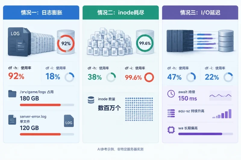 用三栏对比快速建立三类典型故障的指标画像和处理方向。