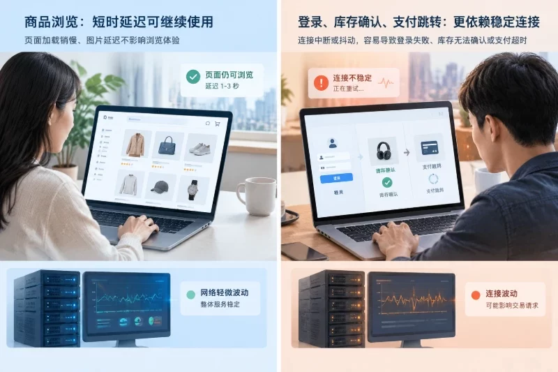 对比商品浏览与登录、库存确认、支付跳转等关键交易请求对网络稳定性的不同敏感度。