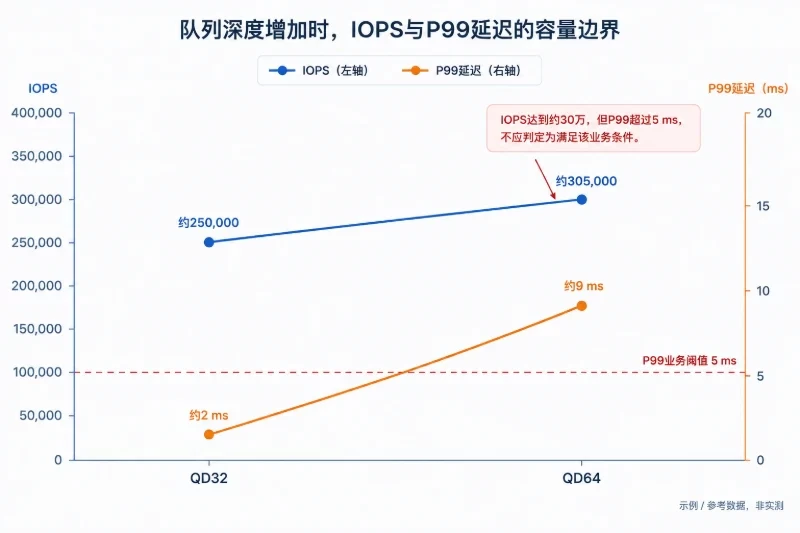 示例结果应该怎样解释 / IOPS继续上升,但P99延迟快速恶化配图