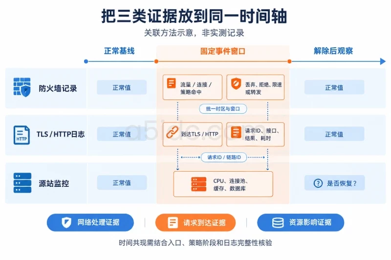 共享横向时间轴,下设防火墙、TLS与HTTP、源站资源三个泳道,覆盖正常基线、事件窗口、解除后观察三个阶段;通过时间窗口与请求ID关联记录,不绘制虚构测量曲线