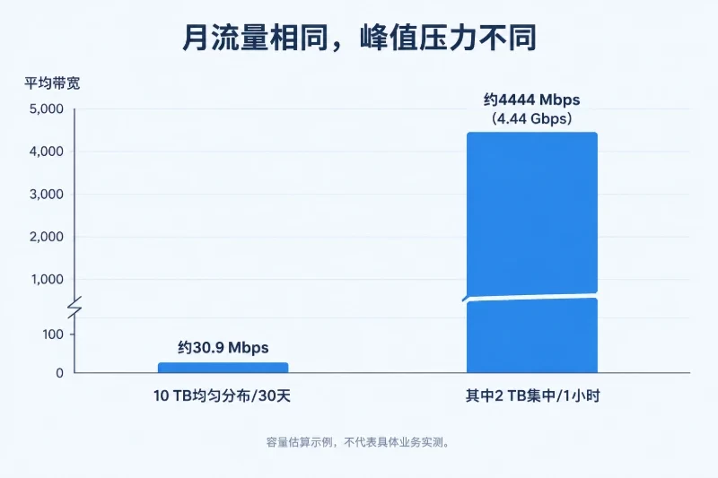 先按四个关键变量拆分需求 / 2. 流量峰值:月流量不能代替带宽规划配图