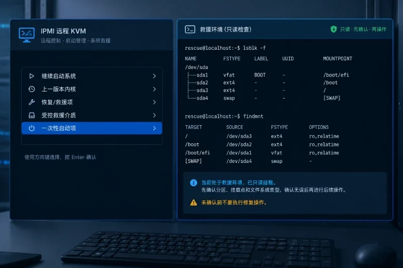 左侧是概念化KVM启动菜单,突出“一次性启动项”“上一版本内核”“恢复/救援项”“受控救援介质”等少量选项,右侧是救援环境终端,清晰展示命令 lsblk -f