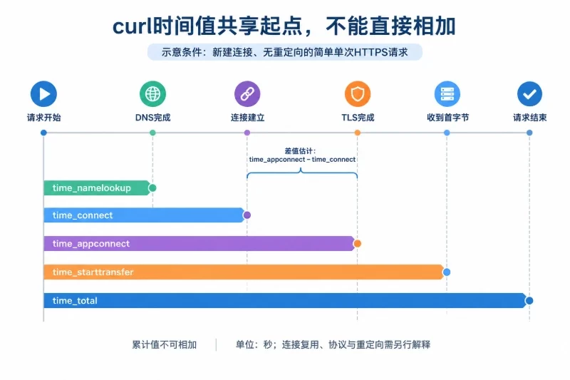 一条单次HTTPS请求时间轴,依次标注DNS完成、连接建立、TLS完成、收到首字节和请求结束