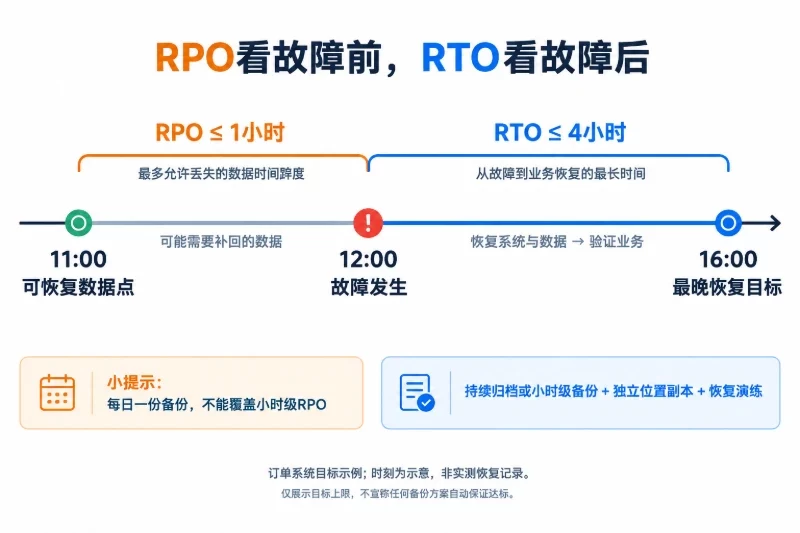 构造订单系统的示例时间轴,11:00为已验证可恢复数据点,12:00为故障点,16:00为最晚恢复目标;分别标出故障前1小时与故障后4小时,并强调目标不等于实际
