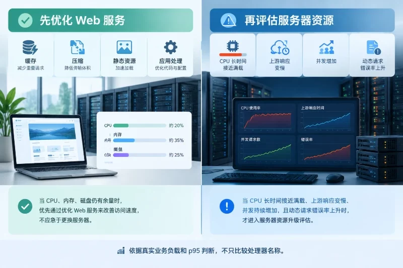 对比 Web 服务优化优先与服务器资源升级优先两种决策状态及其触发条件。