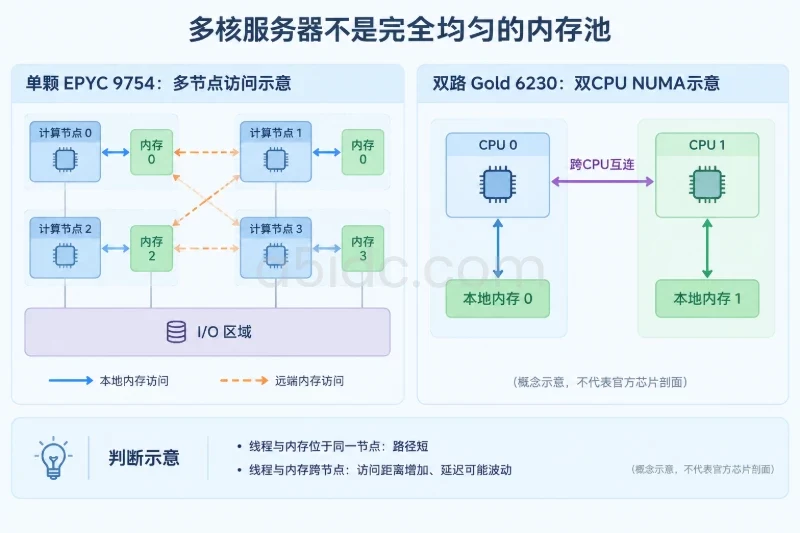左侧为“单颗EPYC 9754示意”,显示多个计算节点、I/O节点和对应内存区域,用实线表示本地访问、虚线表示跨节点远端访问;右侧为“双路Gold 6230示意