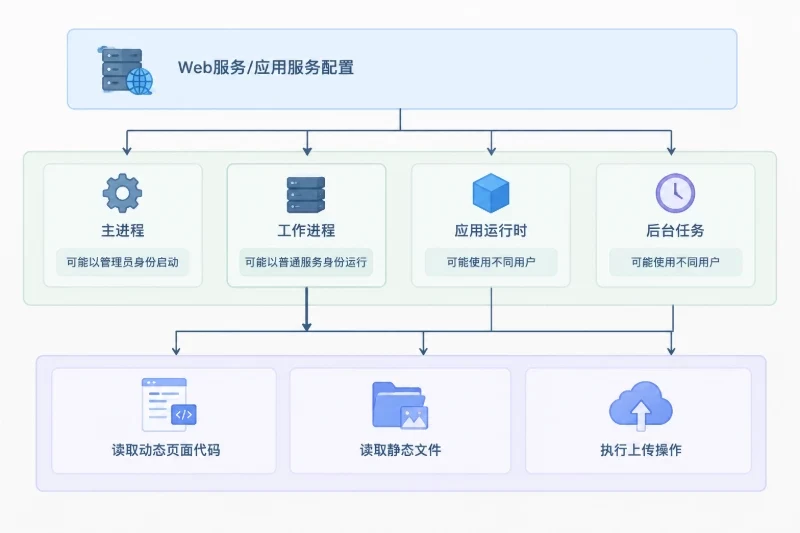展示不同服务进程身份与实际文件访问操作之间的层级关系,强调应确认真正执行请求的进程。