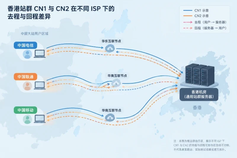 不同ISP下，CN1与CN2的路由表现差异配图