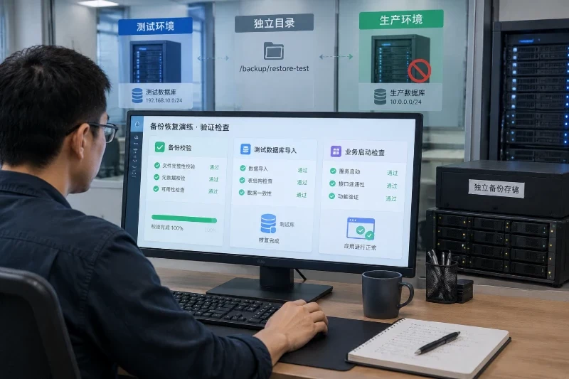 表现从备份任务完成到隔离环境恢复验证之间的真实运维场景。