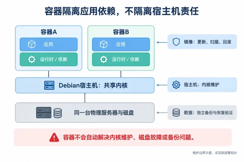 上层两个容器各自包裹应用及依赖,中层为共同的Debian宿主机内核,下层为同一台物理服务器及磁盘;旁侧用维护标签对应镜像、宿主机和备份恢复,不新增服务拓扑