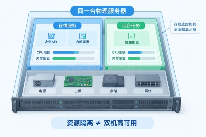 一台物理服务器的等距场景中包含在线服务与后台任务两个独立资源区;每区有独立配额标记,底层共享硬件位于同一个外边界中,不添加第二台主机或冗余链路