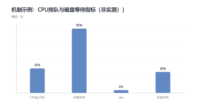 机制示例：CPU排队与磁盘等待指标（非实测））