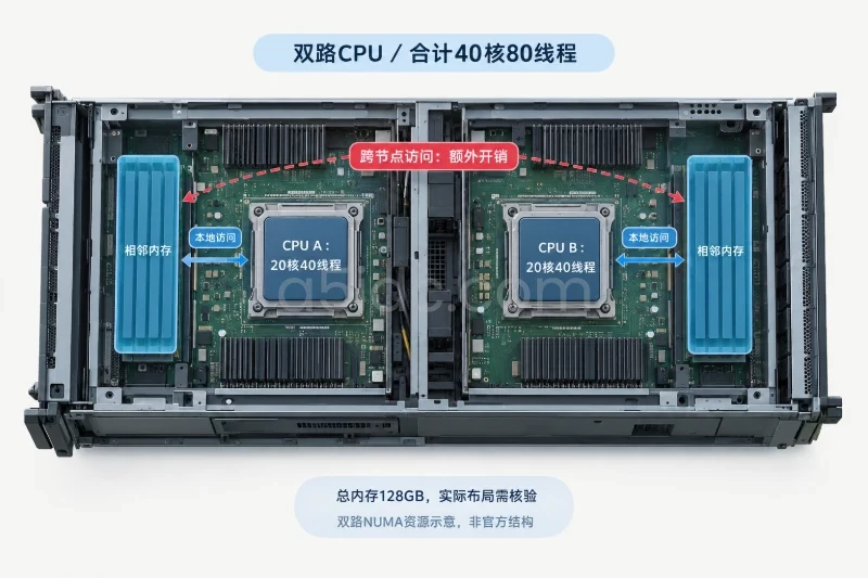通用服务器内部资源示意,两个CPU资源区各配相邻内存;用不同线型区分本地内存访问和跨节点访问,不标注未知的内存条数量、容量分布或延迟数值