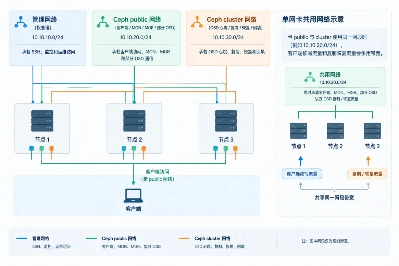 以三台 Ubuntu 香港服务器为场景主体,用清晰的私网分区表现管理网络、Ceph public 网络和 Ceph cluster 网络;标注管理网络用于 SS