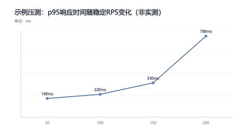 示例压测:p95响应时间随稳定RPS变化(非实测)