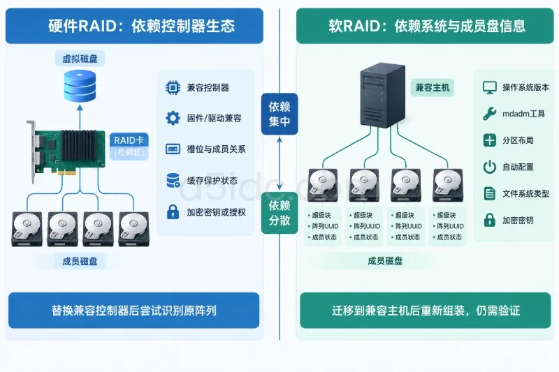 核心差异:RAID卡依赖与恢复边界/数据和阵列元数据的可见性不同配图