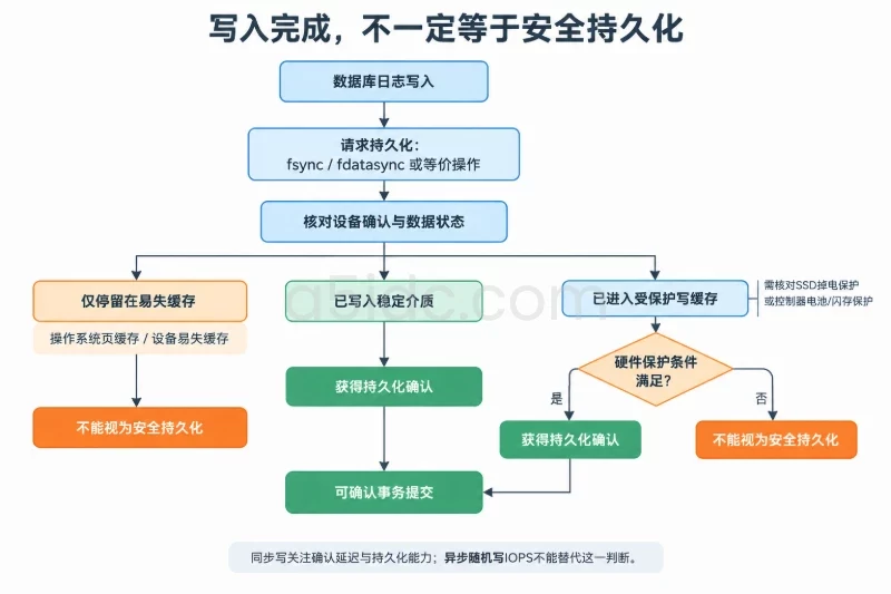 以数据库日志写入为起点,经持久化请求进入判断图;将仅停留在易失缓存、实际到达稳定介质、满足硬件保护条件的受保护缓存三个状态分开,只有后两种在确实获得持久化确认时