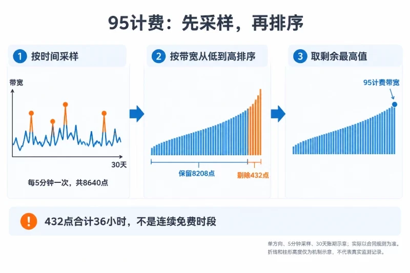 按时间排列的全月采样示意、按带宽从低到高排序的采样示意、剔除最高432点后标出剩余最高值