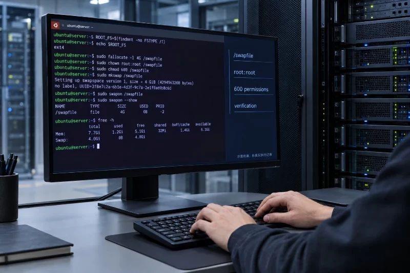 半写实 Ubuntu 运维工作站局部,屏幕主体是概念化终端窗口,依次可见 ROOT FS 检查、fallocate -l 4G /swapfile、chown