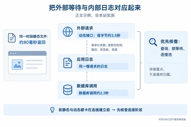 主区域按外部观察、应用日志、数据库调用三层组织证据卡片,以虚线表示同一动态请求的关联;静态文件作为独立对照,底部保留连接阶段异常时的另一检查方向