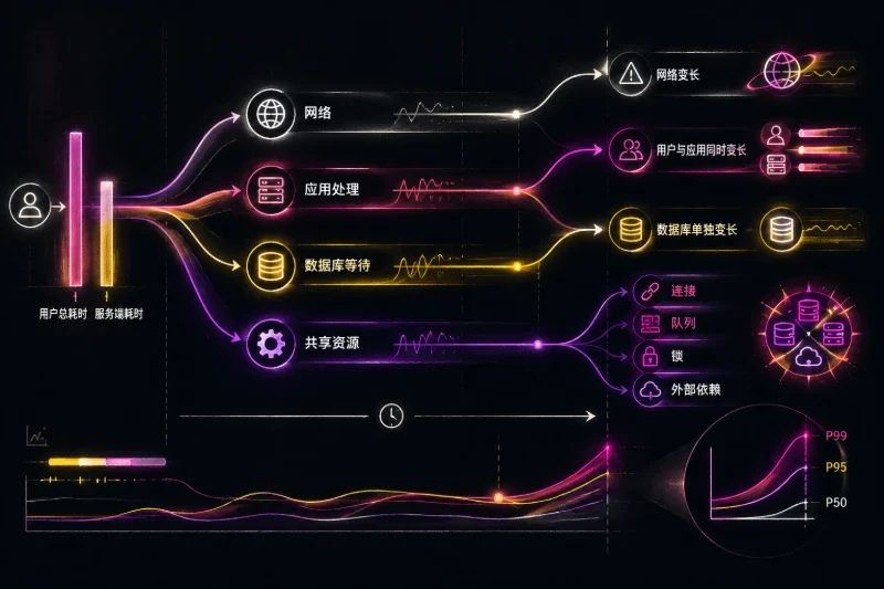 帮助理解如何依据客户端、应用和数据库耗时的组合关系定位瓶颈，而不是只看平均延迟。