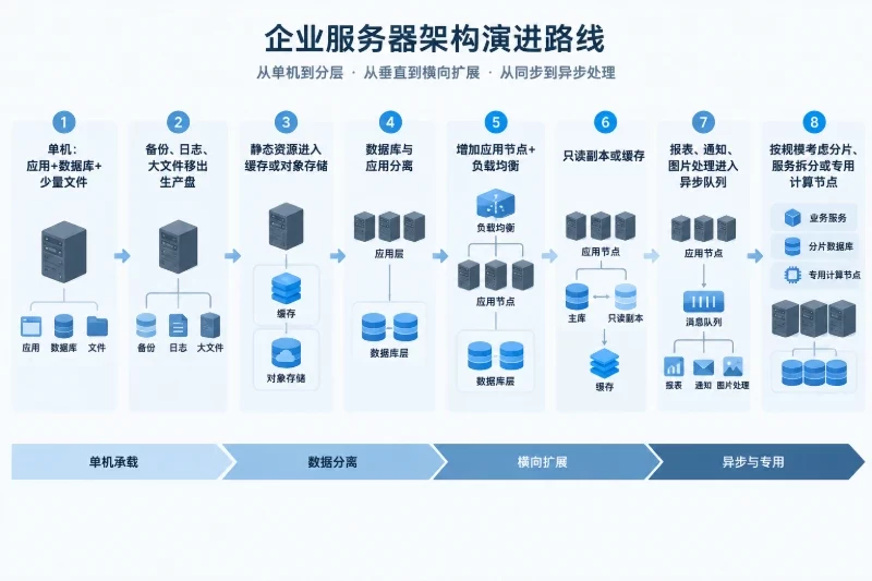 架构扩展:从单机扩容转向分层和横向扩展 / 常见的演进顺序配图