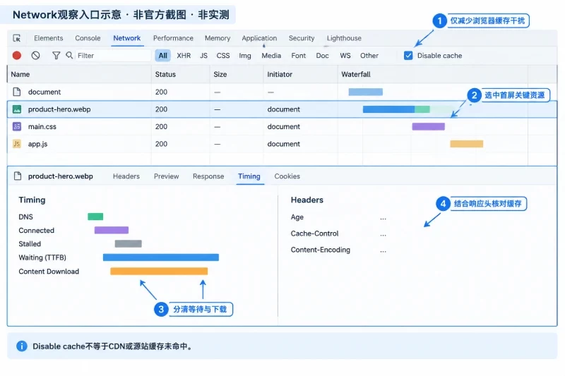 第一步:检查浏览器中的真实资源下载耗时/用浏览器网络瀑布图拆分首屏过程配图