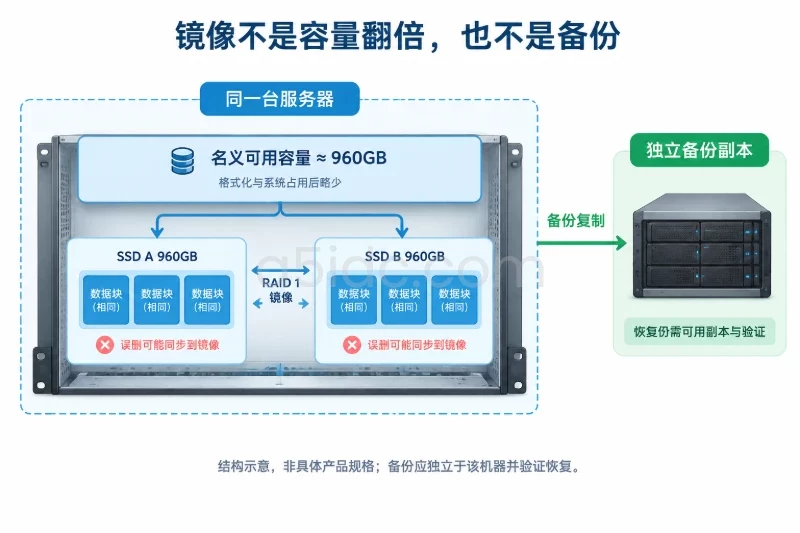 通用服务器边界内,两块960GB SSD具有相同的数据块,合并标注为一个约960GB的名义逻辑空间;边界外单独放置独立备份存储,以备份副本箭头连接,区分镜像同步