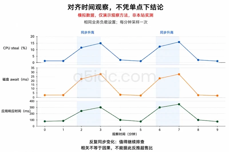 三个上下排列、共享时间轴的折线图,分别展示CPU steal、磁盘await和应用响应时间