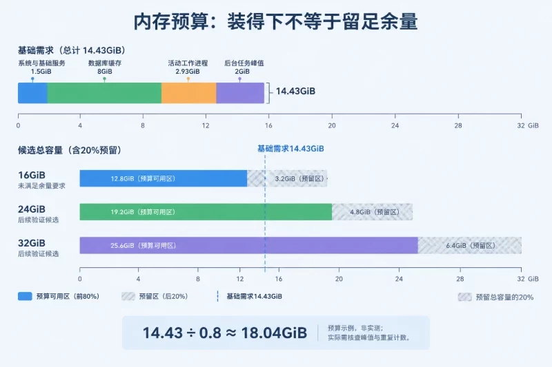 上方展示基础内存需求组成，下方以同一GiB尺度展示三档容量及末尾20%预留区，用14.43GiB参考线突出16GiB侵入预留区