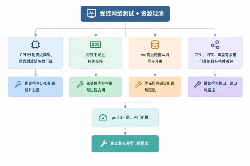 CPU长期接近满载且网络测试随负载下降,指向CPU配置或并发压力;内存不足并持续交换,指向内存容量或进程占用;wa较高且磁盘队列同步升高,指向磁盘;CPU、内存