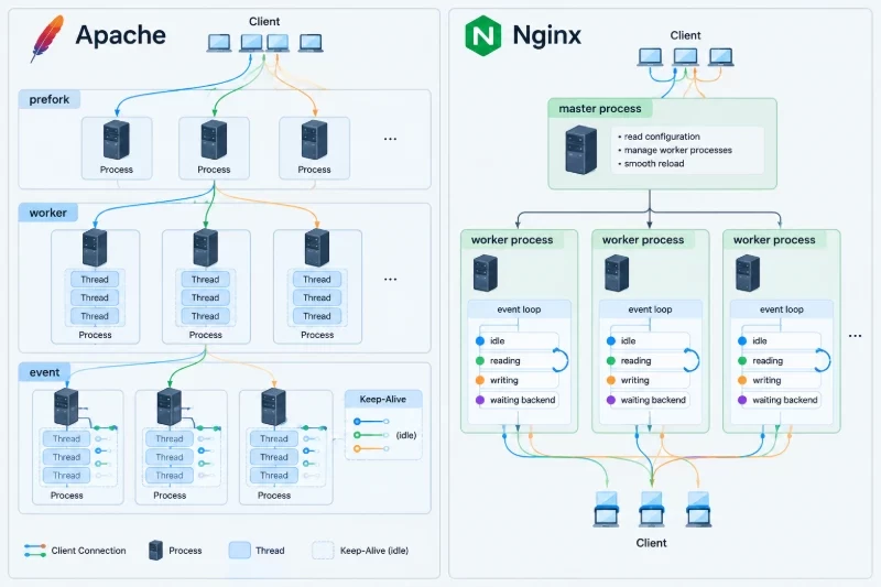 二、并发模型有什么区别 / Nginx:主进程加事件驱动工作进程配图