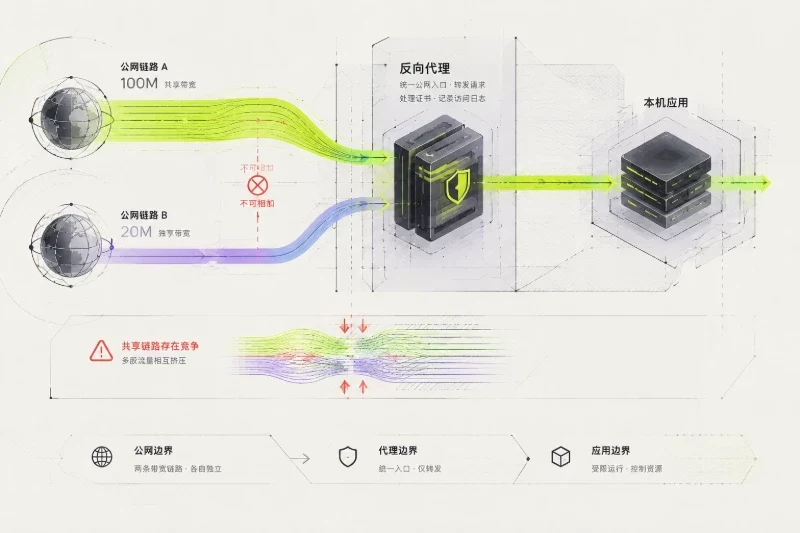 帮助理解反向代理只是统一入口和转发请求,不能把两种带宽相加,也不能消除共享链路上的竞争。