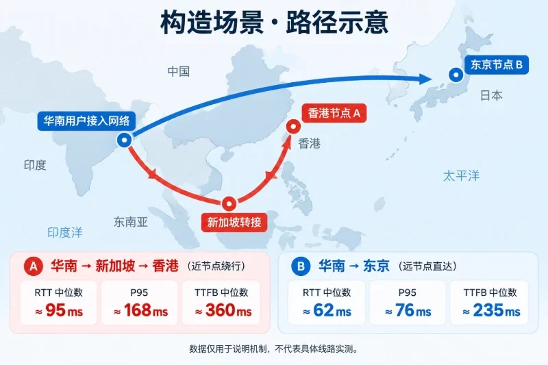 一个反例:邻近节点绕行,更远节点直达配图