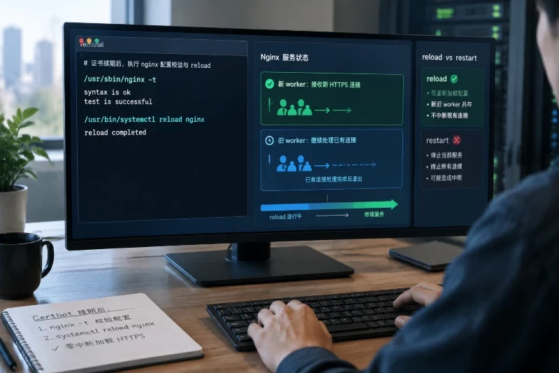左侧显示部署钩子命令 /usr/sbin/nginx -t 与 /usr/bin/systemctl reload nginx,下面显示示意性的 syntax