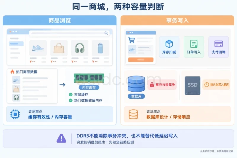 左侧商品浏览对应热门数据缓存,右侧库存扣减、订单写入和支付回调对应数据库事务、锁竞争与磁盘持久化;底部提醒混合峰值需全链路压测
